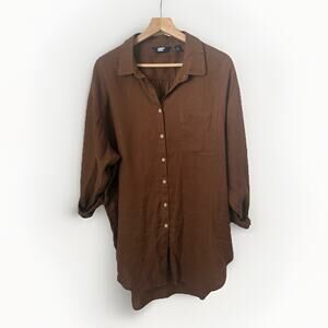 Lands End Linen Relaxed Fit Long Sleeve Brown Tunic Basic Dress Woven Top Lg